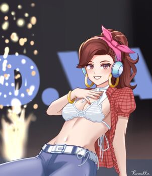 1girl ascot belt bra bracelet breasts cleavage cosplay cruiser_d.va d.va_(overwatch) denim earrings hair_ribbon headphones hoop_earrings jeans jewelry kwon_eun-bi kwon_eun-bi_(cosplay) medium_breasts open_clothes open_shirt overwatch pants pink_ribbon ponytail red_shirt ribbon shirt short_sleeves underwear