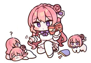 1girl :3 ? blush book commentary dog_treat doro_(nikke) dorothy_(nikke) dress drooling frills goddess_of_victory:_nikke hair_between_eyes hair_bun hair_ornament holding holding_book long_hair mming_(mmingis18) pink_hair purple_eyes simple_background single_side_bun sleeping smile symbol-only_commentary very_long_hair white_background white_dress