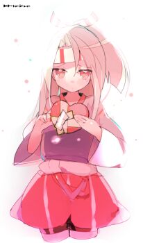 Rule 34 | 1girl, atsumi jun, bad id, bad twitter id, blush, box, brown hair, closed mouth, commentary, cropped legs, dot mouth, gift, gift box, hachimaki, hakama, hakama shorts, headband, heart-shaped box, holding, holding gift, japanese clothes, kantai collection, kimono, long hair, looking at viewer, muneate, ponytail, red eyes, red hakama, shorts, simple background, solo, white background, wide sleeves, zuihou (kancolle)