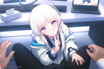 1girl absurdres blue_archive blue_necktie bulge collared_shirt computer erection erection_under_clothes finger_to_mouth formal_clothes grey_hair halo hand_on_another's_knee headphones highres index_finger_raised jacket computer_keyboard kneeling laptop long_hair looking_at_viewer mechanical_halo miniskirt necktie noa_(blue_archive) pleated_skirt pov purple_eyes sensei_(blue_archive) shirt sidelocks sitting skirt spread_legs suit tanatonkub tissue_box two-sided_fabric two-sided_jacket under_table very_long_hair white_jacket white_shirt white_suit