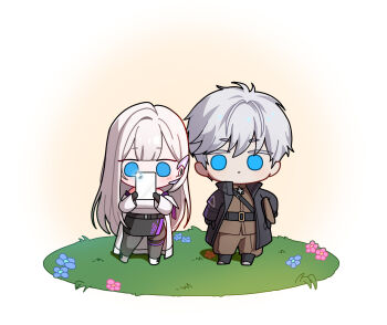 1boy 1girl belt black_pantyhose blue_eyes boots cecil_(nikke) chest_strap chibi coat commentary_request deformed double-parted_bangs earrings flower full_body gloves goddess_of_victory:_nikke grass hands_up hat highres holding holding_phone holding_unworn_clothes holding_unworn_hat jewelry johan_(nikke) korean_commentary lab_coat long_hair military_uniform outdoors pantyhose phone simple_background skirt solid_eyes standing trench_coat unworn_hat unworn_headwear uz_(uzru0428) very_long_hair white_hair