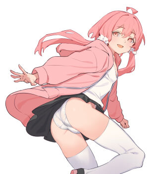Rule 34 | 1girl, ahoge, ass, blush, camisole, clothes lift, commentary request, flat chest, highres, jacket, looking at viewer, open clothes, open jacket, open mouth, panties, pantyshot, pink eyes, pink hair, pink jacket, skirt, skirt lift, smile, solo, thighhighs, underwear, vocaloid, voiceroid, white panties, white thighhighs, wind, wind lift, yamamomo (plank), yuzuki yukari, yuzuki yukari (onn)
