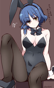 1girl animal_ears black_pantyhose blue_hair bocchi_the_rock! breasts cleavage commentary_request fake_animal_ears highres looking_at_viewer medium_breasts pantyhose playboy_bunny rabbit_ears serebi_ryousangata short_hair sitting solo yamada_ryo