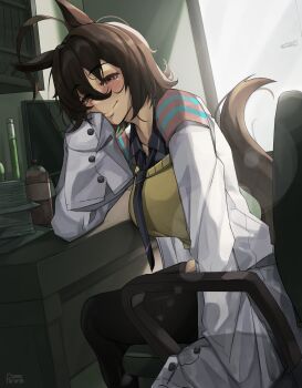 1girl agnes_tachyon_(tach-nology)_(umamusume) agnes_tachyon_(umamusume) ahoge animal_ears black_pantyhose blush breasts brown_hair chair closed_mouth coat collared_shirt desk hair_between_eyes head_rest highres horse_ears horse_girl horse_tail huge_ahoge lab_coat long_sleeves looking_at_viewer medium_breasts medium_hair necktie on_chair pantyhose pururin_2000 red_eyes shirt short_necktie sitting sleeves_past_fingers sleeves_past_wrists smile solo sweater sweater_vest tail umamusume white_coat yellow_sweater yellow_sweater_vest
