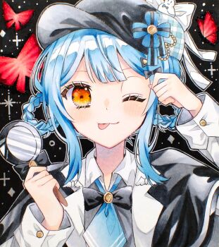 1girl ;3 ;p absurdres akatsuki_nea black_background black_capelet black_hat blue_hair blue_necktie braid braided_hair_rings bug butterfly capelet commentary_request deerstalker detective hair_rings hat highres holding holding_magnifying_glass insect long_sleeves looking_at_viewer magical_girl magnifying_glass mahou_shoujo_no_majo_saiban marker_(medium) necktie one_eye_closed outline red_butterfly shikishi smile solo tachibana_sherry tongue tongue_out traditional_media upper_body white_outline yellow_eyes