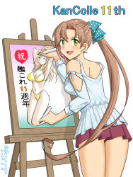 Rule 34 | 1girl, :d, akigumo (kancolle), blue ribbon, brown hair, dated, from behind, geru, green eyes, hair ribbon, holding, holding paintbrush, hornet (kancolle), kantai collection, long hair, looking at viewer, looking back, open mouth, paintbrush, pleated skirt, polka dot, polka dot ribbon, ponytail, purple skirt, ribbon, simple background, skirt, smile, solo, twitter username, typo, very long hair, white background