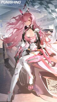 Rule 34 | 1girl, absurdres, ayla: kaleido (dazzler) (pgr), ayla: kaleido (pgr), ayla (pgr), breasts, car, checkered flag, cleavage, commentary, english commentary, flag, full body, hair ornament, hair over eyes, hairclip, hand on car, highres, large breasts, long hair, looking at viewer, mechanical foot, motor vehicle, official art, on car, parallel hairclips, pink eyes, pink hair, punishing: gray raven, race flag, race queen, race vehicle, racecar, racetrack, sitting, smile, solo, stadium, very long hair