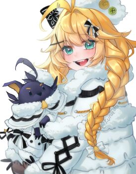 1girl absurdres alternate_costume animal antenna_hair bird black_mittens blonde_hair braid coat dokibird fang fur-trimmed_coat fur_trim green_eyes hair_ornament hashtag-only_commentary hat highres holding holding_animal indie_virtual_youtuber kuraedo long_hair long_sleeves looking_at_viewer mittens open_mouth simple_background smile solo twin_braids upper_body virtual_youtuber white_background white_coat white_hat x_hair_ornament