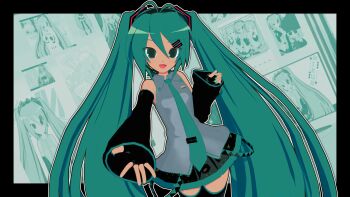 1girl 3d :d absurdres animasa_model_(mikumikudance) aqua_eyes aqua_hair aqua_nails aqua_necktie bare_shoulders black_border black_skirt black_sleeves black_thighhighs blush border detached_sleeves grey_shirt hair_between_eyes hair_ornament hatsune_miku headphones headset highres kio_(majin_kz) long_hair looking_at_viewer m@gical_cure!_love_shot!_(vocaloid) mikumikudance_(medium) necktie open_mouth outstretched_arms shirt skirt sleeveless sleeveless_shirt smile solo thighhighs twintails variant_set very_long_hair vocaloid