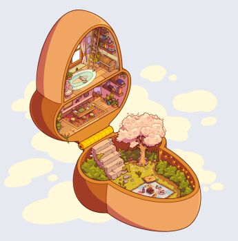 acorn animal book bookshelf bread bush cake cat cherry_blossoms commentary commission container dress easel english_commentary evergreenqveen flower food fruit grass highres ladder mannequin moss mouse_hole mushroom no_humans original paintbrush picnic picnic_basket picnic_blanket pillow plant plate polly_pocket potted_plant rock rug shelf simple_background stairs stool string_lights sword table tree weapon window wooden_box