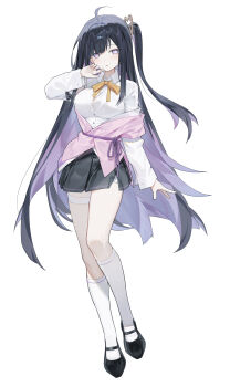 1girl absurdres ahoge black_hair black_shoes black_skirt bow bowtie breasts chitose_(stella_sora) collared_shirt colored_inner_hair commentary full_body hair_ornament heart heart_hair_ornament highres huu_(dighapdlxm12) kneehighs large_breasts long_hair long_sleeves looking_at_viewer mary_janes miniskirt mole mole_under_eye multicolored_hair one_side_up open_mouth pleated_skirt purple_eyes purple_hair shirt shoes simple_background skirt socks solo stella_sora tachi-e thigh_strap unbuttoned_sleeves very_long_hair white_background white_shirt white_socks yellow_bow yellow_bowtie