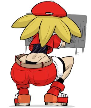 1girl ass colorized huge_ass mega_man_(series) mega_man_legends_(series) panties roll_caskett_(mega_man) shorts squatting third-party_edit thong underwear whale_tail_(clothing)