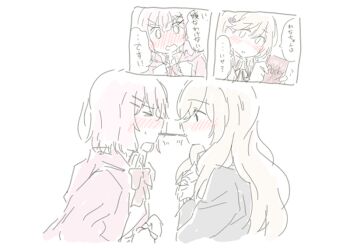 &gt;_&lt; 2girls amaori_renako ashigaya_high_school_uniform blush bow bowtie brown_hair commentary_request food hair_ornament hood hoodie long_hair medium_hair multiple_girls nick150iso pink_bow pink_bowtie pink_hair pink_hoodie pocky pocky_kiss school_uniform sena_ajisai shared_food speech_bubble translated watashi_ga_koibito_ni_nareru_wake_naijan_murimuri! yuri