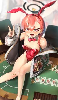 1girl absurdres animal_ear_hairband animal_ears asymmetrical_bangs bandaid bandaid_on_knee bandaid_on_leg bare_shoulders black_nails blue_archive blush bow bowtie breasts card commentary covered_navel detached_collar downblouse fake_animal_ears fang fingernails hair_between_eyes hairband halo highres jacket knees_together_feet_apart leotard long_fingernails looking_at_viewer lower_teeth_only mole mole_under_each_eye mole_under_eye multiple_moles neru_(blue_archive) neru_(bunny)_(blue_archive) on_table open_clothes open_jacket open_mouth playboy_bunny playing_card poker_chip poker_table rabbit_ears red_bow red_bowtie red_eyes red_hair red_leotard short_hair_with_long_locks sitting small_breasts solo strapless strapless_leotard sukajan sweatdrop table teeth traditional_bowtie tsurime v v-shaped_eyebrows walking_nakta