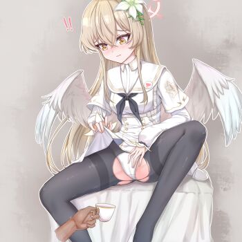1girl absurdres angel_wings blonde_hair blue_archive blush clothes_lift cup disembodied_hand highres long_hair nagisa_(blue_archive) panties pantyhose skirt skirt_lift teacup torn_clothes torn_pantyhose underwear wings yellow_eyes yi_naiya