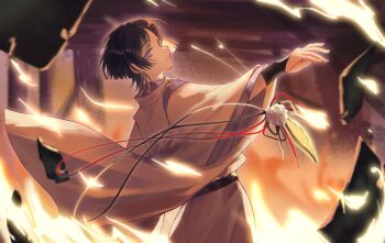 Rule 34 | 1boy, absurdres, fire, fur, genshin impact, highres, japanese clothes, long sleeves, looking at viewer, male focus, megumui 9, purple eyes, purple hair, scaramouche (genshin impact), scaramouche (kabukimono) (genshin impact), solo, straight hair, string, string of fate, wide sleeves