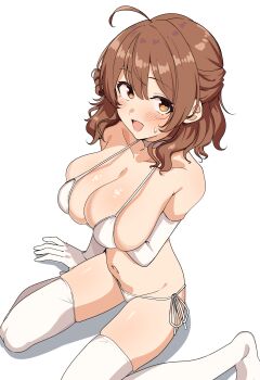 1girl absurdres ahoge bikini breasts brown_eyes brown_hair choker cleavage collarbone commentary_request elbow_gloves gakuen_idolmaster gloves hanami_ume highres idolmaster large_breasts looking_at_viewer medium_hair open_mouth paid_reward_available revision seihekiog side-tie_bikini_bottom simple_background sitting smile solo swimsuit thighhighs thighs wariza white_background white_bikini white_choker white_gloves white_thighhighs