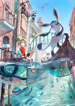 1girl absurdres alolan_form alolan_vulpix arch arm_up armpits bare_shoulders belt bike_shorts bird blue_sky boat bow_hairband bridge bubble building canal commentary_request finneon fish fletchling from_below gen_2_pokemon gen_3_pokemon gen_4_pokemon gen_5_pokemon gen_6_pokemon gen_7_pokemon glaceon hair_ribbon hairband highres lamp lanturn latias latios legendary_pokemon looking_up luvdisc mantyke may_(pokemon) mudkip nintendo open_mouth orange_hair partially_underwater_shot pidove pier pokemon pokemon_(creature) pokemon_oras railing red_tank_top ribbon shirt shorts shorts_under_shorts sitting skiploom sky sleeveless sleeveless_shirt starly sunflora swablu tank_top undershirt wading water watercraft wingull yellow_belt yu_no6767