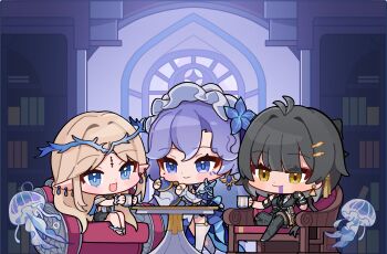 3girls absurdres antenna_hair black_dress black_hair blonde_hair blue_eyes blue_flower bookshelf breasts cantarella_(wuthering_waves) cartethyia_(wuthering_waves) chibi chibi_only closed_mouth commentary_request crown_of_thorns cup dress drooling earrings facial_mark female_rover_(wuthering_waves) flower hair_between_eyes hair_flower hair_ornament hair_ribbon hairclip headdress highres holding holding_cup holding_teapot indoors jellyfish jewelry korean_commentary long_hair mark_under_eye medium_breasts mole mole_under_eye multiple_earrings multiple_girls open_mouth parallel_hairclips pointy_ears purple_hair ribbon rover_(wuthering_waves) sidelocks sitting smile tacet_mark_(wuthering_waves) teapot triangle_earrings very_long_hair white_dress wuthering_waves yami_(yami56_u) yellow_eyes yellow_ribbon
