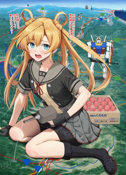 3girls abukuma_(kancolle) abukuma_kai_ni_(kancolle) adapted_turret bike_shorts bird black_footwear black_jacket blonde_hair blue_eyes blue_sky box character_request cloud commentary_request day double_bun food fruit fruit_request giant giantess gloves grey_sailor_collar grey_skirt gundam hair_bun hair_rings highres ichikawa_feesu jacket kantai_collection kokeshi lake long_hair map mecha mogami_(kancolle) mountain multiple_girls natori_(kancolle) open_mouth outdoors partially_fingerless_gloves peach pleated_skirt robot sailor_collar school_uniform serafuku short_sleeves shorts shorts_under_skirt sitting skirt sky solo swan train translation_request twintails wariza watermark watermark_grid