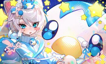 1other animal_ear_hairband animal_ears blue_eyes blue_jacket blush_stickers cat_ear_hairband cat_ears character_hair_ornament cloud_(lufaeris) commentary commission dratini drawn_ears drawn_whiskers english_commentary fake_animal_ears gen_1_pokemon gen_2_pokemon gen_4_pokemon grey_hair hair_between_eyes hair_ornament hairband hairclip highres jacket looking_at_viewer marill nintendo open_mouth original other_focus parallel_hairclips piplup pokemon short_hair solo star_(symbol) swept_bangs vgen_commission