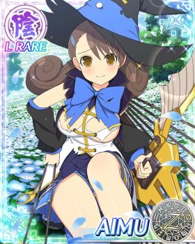 1girl aimu_(senran_kagura) arrow_(projectile) between_fingers black_cape blue_bow blue_bowtie blue_flower blue_skirt blue_thighhighs blush border bow bow_(weapon) bowtie breasts brown_eyes cape card_(medium) character_name closed_mouth crossbow curled_ends curly_hair detached_sleeves field flower flower_field game_cg hair_ornament hairclip hand_on_own_hip hat holding holding_crossbow holding_weapon knee_up large_breasts large_hat looking_at_viewer low_twintails official_art pleated_skirt senran_kagura senran_kagura_new_wave sitting skirt smile solo swept_bangs thighhighs torn_clothes torn_thighhighs twintails vest weapon white_vest witch witch_hat