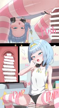 1boy 1girl absurdres bar_censor black_panties blue_hair censored clothing_aside cowgirl_position cross-section hairband headphones headphones_around_neck hetero highres jelly_hoshiumi loli looking_at_penis onion_(tamanegi) panties panties_aside penis phase_connect sex straddling striped_clothes striped_thighhighs thighhighs underwear vaginal virtual_youtuber yellow_hairband