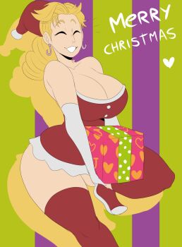 1girl battle_tendency blonde_hair box christmas closed_eyes detnox dick_in_a_box earrings gift highres holding holding_box implied_futanari jewelry jojo_no_kimyou_na_bouken smile solo suzi_q