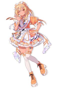 1girl ;) apron back_bow bandaid bandaid_on_leg blonde_hair boots bow dark-skinned_female dark_skin dress dress_bow elf frilled_apron frilled_dress frills full_body hair_bow hair_ornament hand_on_own_hip hand_up heart heart_hair_ornament hechima_(issindotai) high_ponytail highres hololive lace-up_boots layered_dress long_hair looking_at_viewer maid maid_headdress multicolored_hair official_alternate_costume official_art one_eye_closed orange_boots orange_dress platform_boots pointy_ears ponytail puffy_short_sleeves puffy_sleeves second-party_source shiranui_flare short_dress short_sleeves sidelocks simple_background smile solo streaked_hair thighhighs transparent_background virtual_youtuber waving white_apron white_hair white_streaks white_thighhighs wing_hair_ornament wrist_cuffs x_hair_ornament