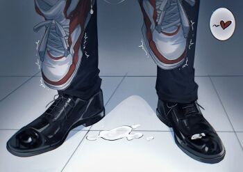 2boys black_pants black_shoes copyright_request cum cum_on_floor feet foot_focus hashtag-only_commentary heart highres male_focus multiple_boys pants sex shoes sneakers spoken_heart tile_floor tiles trembling yaoi