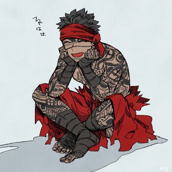 Rule 34 | 1boy, angra mainyu (fate), bandaged arm, bandaged leg, bandages, black hair, closed eyes, commentary request, dark-skinned male, dark skin, fate/hollow ataraxia, fate (series), full-body tattoo, head rest, headband, indian style, male focus, open mouth, red headband, shibakou, sitting, smile, solo, tattoo, topless male, translation request