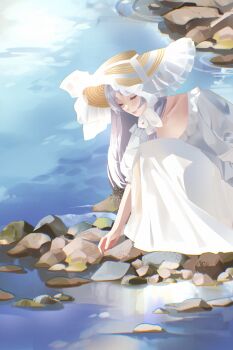1girl absurdres closed_eyes dress frieren grey_hair hat hat_ribbon highres ikachyu long_dress long_hair outdoors parted_bangs puffy_short_sleeves puffy_sleeves ribbon rock short_sleeves solo sousou_no_frieren squatting straw_hat sun_hat water white_dress white_ribbon