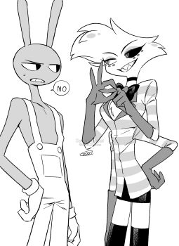 2boys :d absurdres angel_dust bare_arms bare_shoulders body_fur bow bowtie buttons choker clenched_teeth commentary_request cowboy_shot crossover elbow_gloves english_text extra_arms eye_contact face-to-face facial_mark fewer_digits furrowed_brow furry furry_male gloves greyscale grin hand_on_own_hip hands_up hatching_(texture) hazbin_hotel hellaverse highres implied_yaoi jax_(the_amazing_digital_circus) looking_at_another male_focus menma_(enaic31) microskirt mismatched_sclera monochrome multiple_boys open_mouth overalls pencil_skirt penetration_gesture rabbit_boy sharp_teeth shirt sideways_glance signature simple_background skirt smile speech_bubble standing striped_clothes striped_shirt sweatdrop teeth the_amazing_digital_circus thighhighs traditional_bowtie twitter_username two-tone_shirt v-shaped_eyebrows watermark white_background zettai_ryouiki