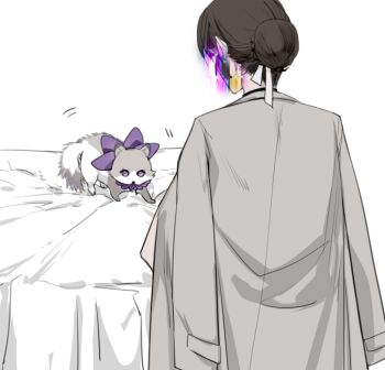 1girl alpha.e bed bed_sheet brown_hair cat chinese_commentary coat coat_on_shoulders commentary_request from_behind glitch grey_coat hair_bun hair_ribbon honkai:_star_rail honkai_(series) polka_kakamond ribbon simple_background solo white_background white_ribbon