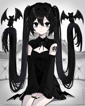 1girl above-cleavage_cutout absurdly_long_hair artist_name bat_(animal) bat_wings black_eyes black_eyeshadow black_hair black_nails black_ribbon black_shirt black_skirt character_name_tattoo closed_mouth clothing_cutout collared_shirt detached_sleeves expressionless eyeshadow fingernails frilled_hairband frills goth_fashion hair_between_eyes hair_intakes hairband hands_on_own_thighs hatsune_miku highres lace_trim limited_palette long_hair long_sleeves looking_at_viewer makeup number_tattoo prehensile_hair ribbon shirt sitting skirt solo tattoo twintails v_arms very_long_hair vickie_(cryingrobot) vocaloid wide_sleeves wings