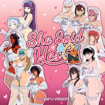 Rule 34 | 6+girls, absurdres, ass, ayase momo, bare shoulders, black hair, breasts, chainsaw man, character request, collarbone, dandadan, demon girl, dispatch, dress, earrings, elf, fern (sousou no frieren), freshnsfw, frieren, glasses, grandmother and granddaughter, highres, horns, jewelry, long hair, makima (chainsaw man), mitaka asa, multiple girls, nayuta (chainsaw man), pink hair, pointy ears, purple hair, red hair, ring, smile, sousou no frieren, standing, thighs, wedding dress, white hair