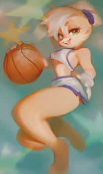 1girl :3 animal animal_ears animal_nose ball bare_shoulders barefoot basketball basketball_(object) blonde_hair blurry body_fur breasts buck_teeth crop_top furry furry_female gloves green_eyes hand_on_own_hip happy holding holding_ball lola_bunny looking_at_viewer looney_tunes medium_breasts midriff navel no_bra open_mouth rabbit shirt short_hair short_shorts shorts sleeveless sleeveless_shirt smile solo space_jam sportswear star_(symbol) tail teeth thighs underboob wamudraws white_gloves white_shirt white_shorts