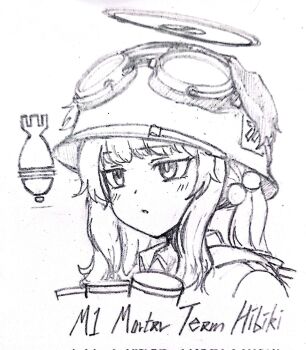 Rule 34 | 1girl, alternate costume, ammunition, blue archive, company of heroes 3, cosplay, english text, goodgameuseless, halo, hibiki (blue archive), highres, long hair, looking at viewer, mortar (weapon), mortar shell, simple background, sketch, solo, white background
