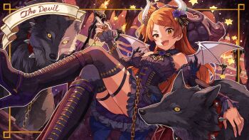 1girl animal black_boots black_bow black_bowtie black_skirt boots bow bowtie candle card_commentary cave_interior chain commentary_request corset crossed_legs demon_horns demon_wings fangs flower frilled_skirt frills game_asset hair_flower hair_ornament high_heel_boots high_heels holding holding_chain horns idolmaster idolmaster_million_live! idolmaster_million_live!_theater_days knee_boots long_hair looking_at_viewer miniskirt neck_flower official_alternate_costume official_art ogami_tamaki on_throne one_side_up open_mouth orange_eyes orange_hair purple_flower purple_rose rose sitting skirt sleeveless solo thighhighs third-party_source throne white_wings wings wolf