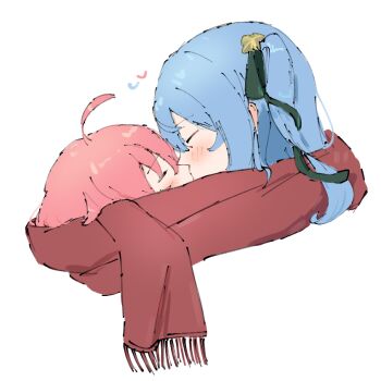 2girls ahoge blue_hair blush closed_eyes commentary hololive hoshimachi_suisei kiss multiple_girls one_side_up pink_hair red_scarf sae_tail sakura_miko scarf shared_clothes shared_scarf simple_background virtual_youtuber white_background yuri