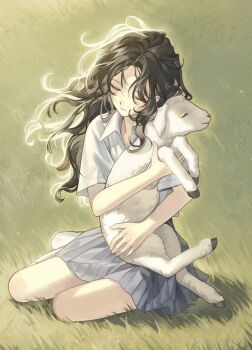 1girl animal animal_hug baby_animal black_hair blue_skirt closed_eyes collared_shirt grass highres hug lamb long_hair no_shoes original outdoors pleated_skirt sheep shirt short_sleeves sitting skirt socks solo vmrtjr_56 white_shirt white_socks yokozuwari
