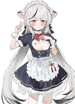 1girl alternate_costume animal_ears apron black_dress blue_archive blush bow bowtie breasts breasts_out dress enmaided frilled_apron frills grey_hair highres kokona_(blue_archive) long_hair looking_at_viewer maid maid_apron maid_headdress multicolored_hair nipples no_bra no_halo puffy_sleeves red_bow red_bowtie small_breasts solo streaked_hair subachi v very_long_hair waist_apron white_apron wrist_cuffs