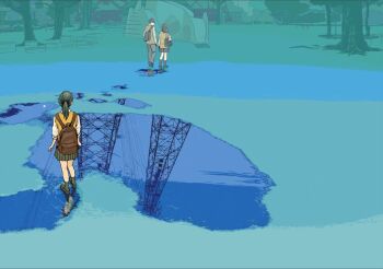 Rule 34 | 1boy, 2girls, backpack, bag, black hair, brown bag, green skirt, kneehighs, long hair, long sleeves, multiple girls, original, pants, pleated skirt, ponytail, reflection, ripples, shirt, short hair, skirt, slide, socks, standing, tanaka hirotaka, tree, vest, walking, white shirt, wide shot, yellow vest