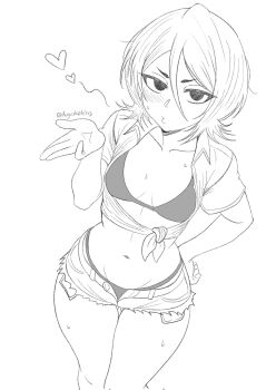 1girl artist_name augusketchs bikini bikini_under_clothes bleach blowing_kiss breasts cleavage collarbone commentary greyscale hair_between_eyes hand_on_own_hip highres kuchiki_rukia looking_at_viewer medium_hair monochrome navel open_clothes open_fly open_shirt shirt short_shorts shorts simple_background solo spanish_commentary standing swimsuit thigh_gap tied_shirt