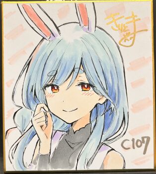 1girl absurdres animal_ear_fluff animal_ears bare_shoulders blue_hair blush braid closed_mouth commentary_request hair_between_eyes hand_up highres hololive kiritoma long_hair looking_at_viewer pekomama photo_(medium) rabbit-shaped_pupils rabbit_ears red_eyes shikishi short_eyebrows smile solo symbol-shaped_pupils thick_eyebrows traditional_media upper_body virtual_youtuber