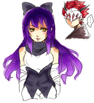 ... 1boy 1girl adam_taurus blake_belladonna bow hair_bow mask purple_hair red_hair rwby smile