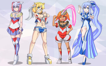 4girls abs bandaid bandaid_on_face bandaid_on_nose blonde_hair blue_eyes blue_hair blue_shoes boots breasts buti-yu choker cleavage clenched_teeth color_timer commentary_request dress fist_in_hand fist_pump full_body genderswap genderswap_(mtf) hand_on_own_hip headband high_heel_boots high_heels humanization long_dress long_hair looking_at_viewer midriff miniskirt multicolored_hair multiple_girls one_eye_closed open_mouth orange_eyes orange_hair pink_hair ponytail purple_hair shoes short_hair short_shorts shorts side_slit single_tooth skirt smile standing standing_on_one_leg teeth thigh_boots ultra_series ultraman_cosmos ultraman_cosmos_(luna_mode) ultraman_cosmos_(series) ultraman_dyna ultraman_dyna_(flash_type) ultraman_dyna_(series) ultraman_gaia ultraman_gaia_(series) ultraman_gaia_(v2) ultraman_tiga ultraman_tiga_(multi_type) ultraman_tiga_(series) very_long_hair vest white_eyes white_headband