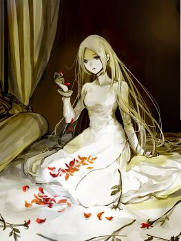 1girl blonde_hair brown_eyes curtains dress final_fantasy final_fantasy_tactics flower full_body holding kneeling long_hair mochi_(hanamaruudondesu) ovelia_atkascha red_flower red_rose rose solo very_long_hair white_dress