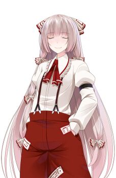 Rule 34 | 1girl, bow, breasts, commentary request, cowboy shot, crote, embellished costume, frills, fujiwara no mokou, grey hair, hair bow, hands in pockets, highres, large variant set, long hair, ofuda, ofuda on clothes, pants, red pants, shirt, simple background, solo, standing, suspenders, touhou, transparent background, variant set, very long hair, white shirt