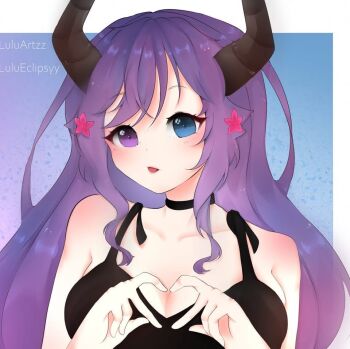 1girl 2025 artist_name breasts heart_fingers heterochromia horns indie_virtual_youtuber large_breasts lovella lulueclipsyy purple_hair solo white_background